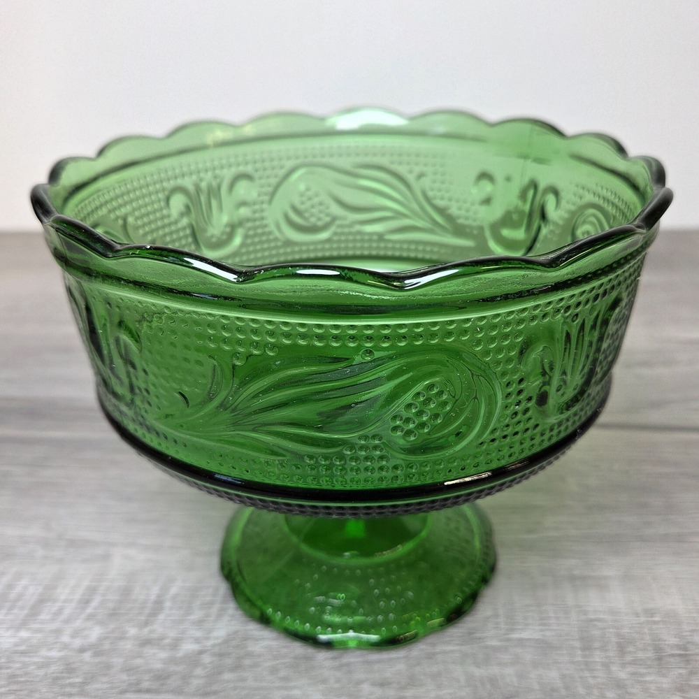Vintage E O Brody M6000 Emerald Green Pressed Glass Candy Compote Dish Pedestal